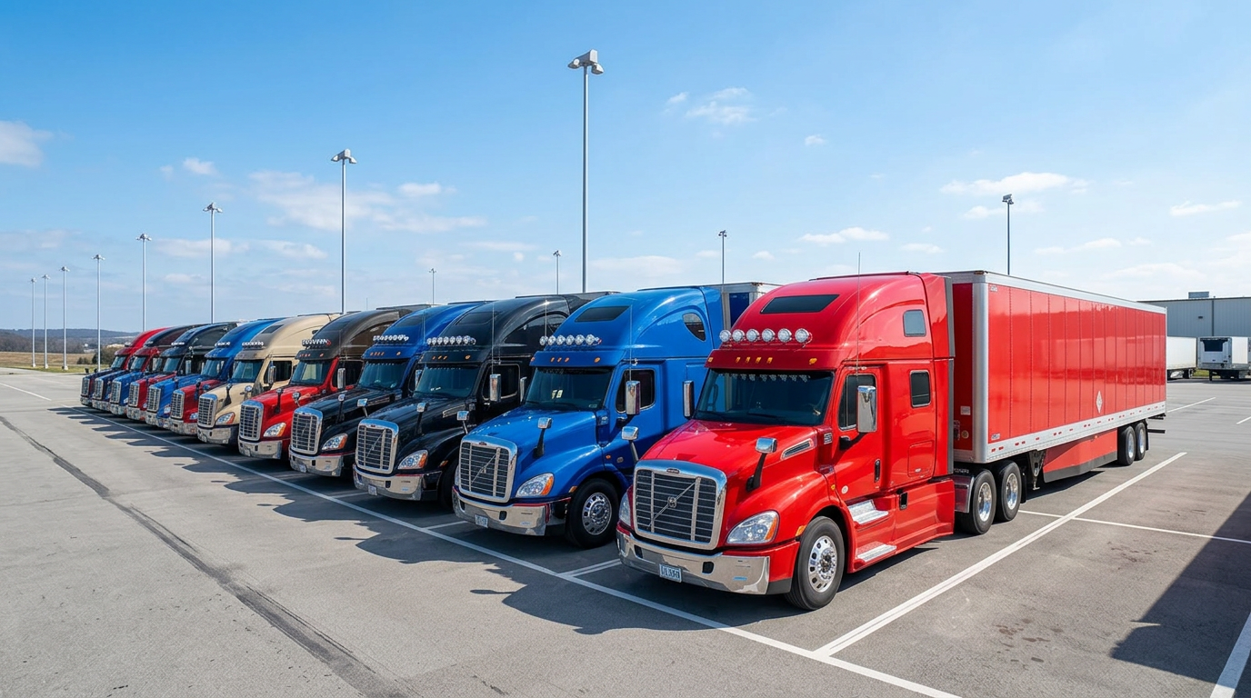 Fleet of semi trucks ready to roll